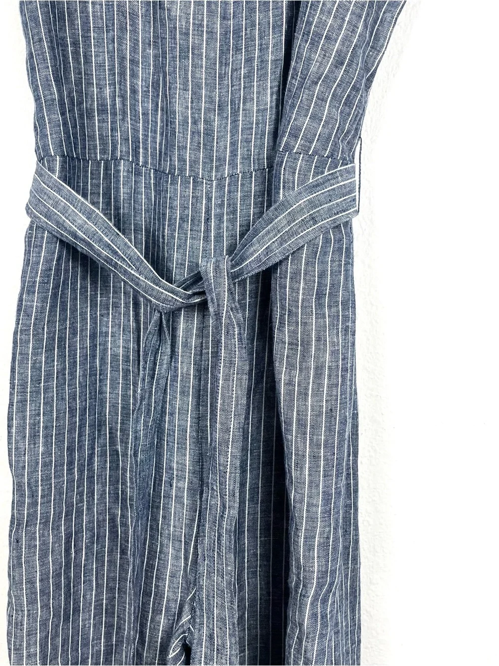 Quince European Linen Chambray Blue Stripe Sleeveless Belted Crop Jumpsuit Small